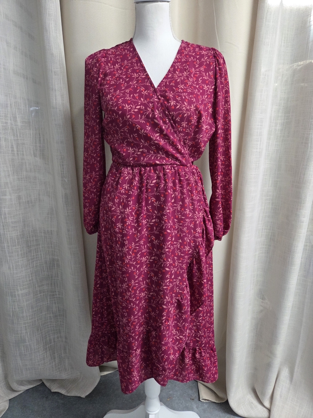 Old Navy Fuchsia Floral Wrap Midi Dress Romantic Whimsical Size XS